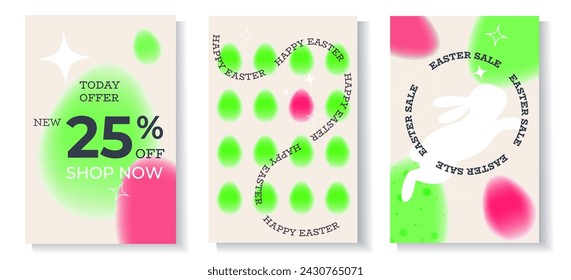 Feliz Pascua Conjunto de banners, venta en Pascua, tarjetas de felicitación, carteles, cubiertas de vacaciones. Diseño de moda con tipografía, gradiente, con huevos y conejo en colores pastel. Estilo minimalista de arte moderno.