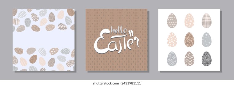 Happy Easter set banners. Stylized inscription "hello Easter" on a textured gray brown background. Frame with eggs. Set of Easter eggs. Stencil of eggs in classic pastel colors on a white background. 