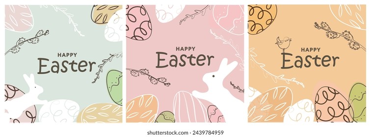 Frohe Ostern Satz von Bannern. Trendiges Osterdesign mit Typografie, handbemalten Strichen, Eiern und Hasen in Pastellfarben. Moderner Minimalstil. Poster, Grußkarte, Post für Social Media.