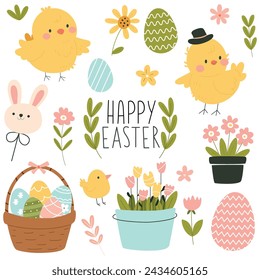 Happy easter set with basket with colorful eggs and hand darwn chicks.  Cartoon flat vector holiday illustration