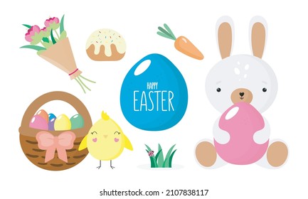 Happy Easter Set with basket with eggs, chicken, flowers, grass, cake, Easter Bunny, carrot. Vector illustration. Easter Collection. Cartoon style.