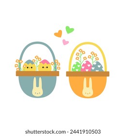 Happy Easter set: basket with eggs and bunny. Easter holiday decor elements isolated on a white background.
