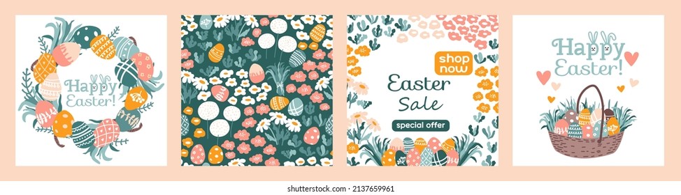 Feliz Pascua. Emplazado con cesta, huevos pintados, flores, hierbas y hierba.   Tarjetas de saludo de primavera con texto. Patrón sin foco. Venta. 