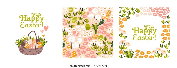 Happy Easter! Set with basket, painted eggs, flowers, herbs, grass.   Spring greeting cards with text. Seamless pattern. Hunt eggs.