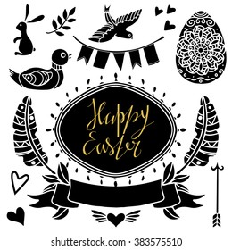 Happy Easter set black silhouettes isolated, calligraphic text, lettering, frame. Animals, birds, rabbit, feathers, hearts, ribbon, arrows, flags, leaves