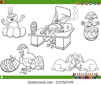 Happy Easter set of black and white cartoons with bunnies and chick with eggs coloring book page