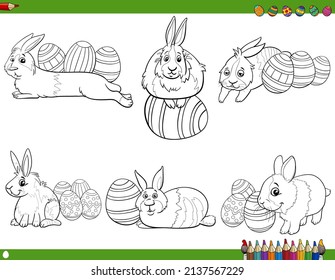 Happy Easter set of black and white cartoons with bunnies and Easter eggs coloring book page