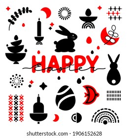 Feliz Pascua. Indique los iconos de Boho Easter. Ilustración del símbolo de la silueta postal
