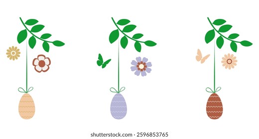 Happy Easter. Set of branches with easter decorations on white background. Vector illustration.	
