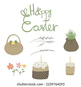 Happy easter set with branches grass cakes and eggs