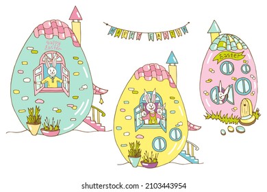  Happy Easter set of bright colored egg houses with a bunnies, open window, garland. Funny cartoon animal character element isolated on white background for festive decor. Vector illustration.