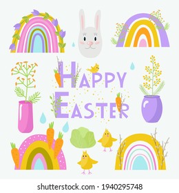 Happy Easter set. Bright spring rainbows decorated with flowers, carrots, hare, chickens, cabbage. Design for children, postcards, printing on paper or fabric. Vector illustration isolated