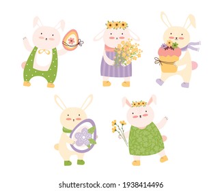 Happy Easter! Set of happy bunnies with Easter eggs, a cake and a bouquet of yellow flowers. Cartoon character of cute rabbits. Funny little hares. Spring festival. Hand drawn vector illustration