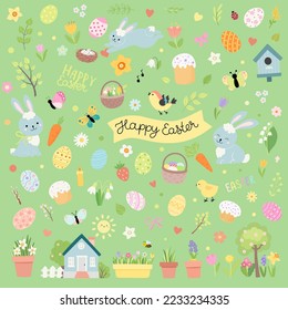 Happy Easter set with bunnies, eggs, cakes, flowers and other. Vector cartoon flat illustration.