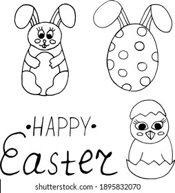 happy easter set. bunny, egg, chick and lettering. sticker, card, poster. sketch hand drawn doodle style. vector minimalism cute childish