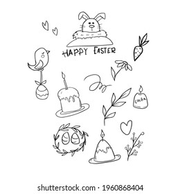 Happy Easter set, bunny, Easter eggs . Vector design on a white isolated background for banners and postcards
