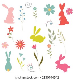Happy easter set  with easter bunny and flowers. Vector.