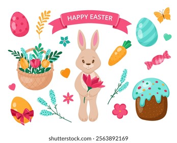 Happy Easter set. Bunny, flowers, eggs, decor. Vector illustration.