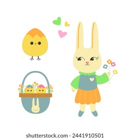 Happy Easter set: bunny, rabbit, easter egg, basket, spring flowers. Easter holiday decor elements isolated on a white background.