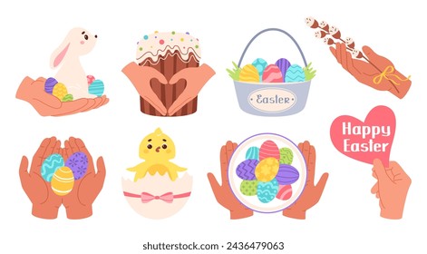 Happy Easter set. Сute Easter bunny sitting in arms. Сhicken has hatched from egg. Willow sprigs are tied with bow. Love the Easter cake and the colorful painted Easter eggs. Vector flat sticker