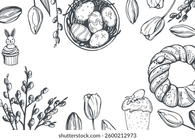 Happy Easter set. Easter cake. Easter traditional bread.  Vector background. Sketch  illustration. 