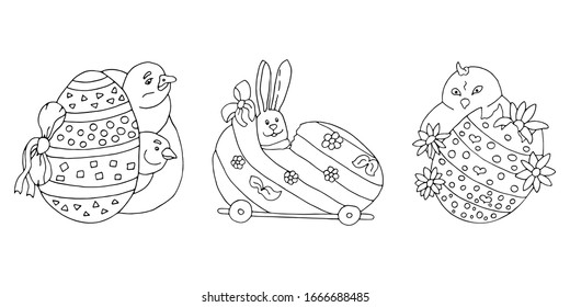 Happy Easter set: car easter egg, easter bunny, chickens. Coloring page. Vector hand drawn illustrations set. Black and white isolated on white background.