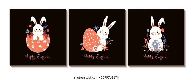 Happy Easter set of cards with the Easter bunny. Greeting card, poster, banner. Vector illustration