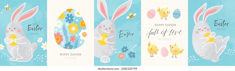 Happy Easter set of cards with cute bunnies, chicks, flowers and eggs. Modern trendy style with watercolor and grainy texture. Vector illustration.