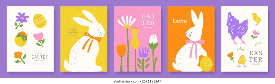 Happy Easter set of cards with cute hand drawn Easter bunnies, spring flowers , Easter eggs and chickens. Modern design with grainy texture. Collection of templates, cards, web banners