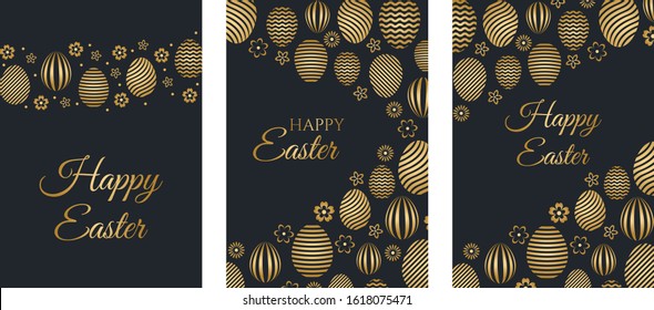Happy easter set of cards with golden eggs and flowers. Flat vector stock illustration.