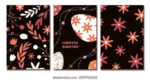 Happy Easter set of cards. Greeting card, poster, banner. Easter eggs with a pattern of spring flowers. Vector illustration