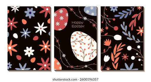 Happy Easter set of cards. Greeting card, poster, banner, postcard. Easter eggs with a pattern of spring flowers and branches. Vector illustration