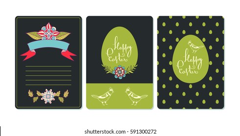 Happy Easter. Set of cards. Hand lettering wishes. Holiday postcard design with egg and chicken. Vector decorative invitation