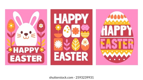 Happy Easter. Set of Happy Easter cards in modern minimalistic style with geometric shapes, eggs. Trendy editable vector template for greeting card, poster, banner, invitation, social media post.