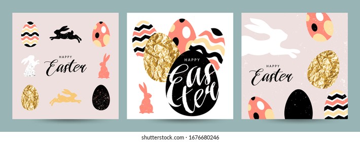  ¡Feliz Pascua! Juego de tarjetas de Pascua, afiches o volantes de diseño con huevos de Pascua y conejito. Ilustración plana vectorial con caligrafía. Diseño de moda para medios sociales, venta, publicidad, web