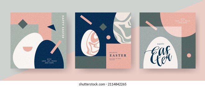 Happy Easter set of cards, posters or covers in modern art style with geometric shapes and eggs. Trendy minimalistic elegant templates for advertising, branding, congratulations or invitations