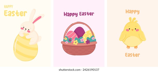 Happy Easter set of cards, posters, banner templates with cute bunny, chick and basket with Easter eggs