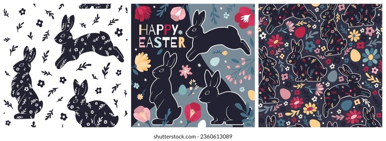 Frohe Ostersätze und nahtlose Muster. Farbige, helle, moderne Illustrationen mit Kaninchen, Eiern, Blumen und Text.