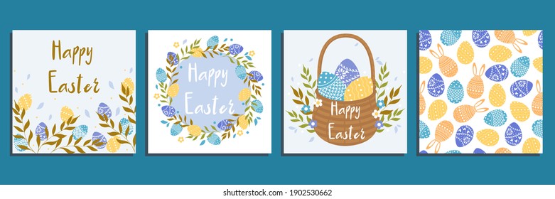 Happy Easter! Set of cards in trend color. Cute vector flat illustration. Use for print, web, banner, website, corporate report, presentation, advertising, marketing, brochure template.