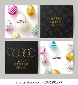 Happy Easter Set of cards.Beautiful Background with colorful eggs and golden confetti. Vector illustration for cards,website , posters,ads, coupons, promotional material