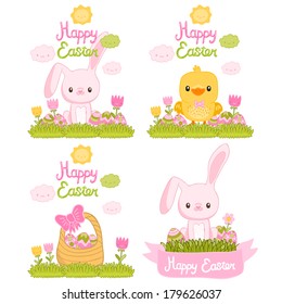 Happy Easter set with cartoon cute bunny, chicken, eggs, basket. Holiday elements