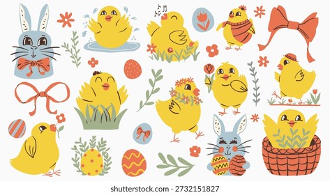 Feliz Pascua set. Dibujos animados lindos pollitos y conejitos amarillos, huevos estampados y flores de primavera. Colección de Doodle para niños