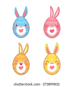 Happy Easter set of cartoon funny egg shaped bunnies different emotions. Illustration in vector.