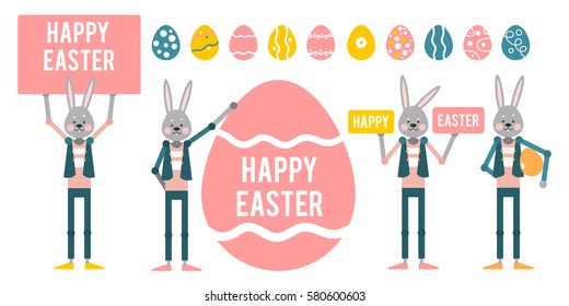 Happy Easter. Set with cartoon rabbits with signs on a white background with eggs. Template for holiday cards. Vector illustration.