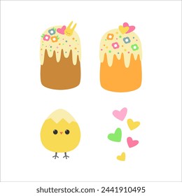 Happy Easter set: chicken and cake, cupcake. Easter holiday decor elements isolated on a white background.