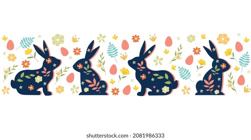 Feliz Fiesta de Pascua. Colección de conejillos como fondo. Patrones repetitivos, proporción de papel de envoltura o impresión en lino. Afiches de vacaciones, lindos carteles. Dibujo vectorial plano de dibujos animados