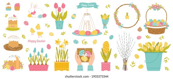 Happy Easter set. Collection of elements for the Easter holiday. Items isolated on a white background. Spring color palette. Vector illustration in flat style