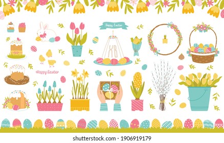 Happy Easter set. Collection of elements for the Easter holiday. Items isolated on a white background. Spring color palette. Vector illustration in flat style