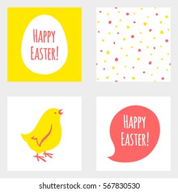 Happy Easter set, collection. Simple greeting card with egg and speech bubble shape, seamless pattern with speckles, hand drawn cute chicken. Easter templates, backgrounds for cards, posters, banners.