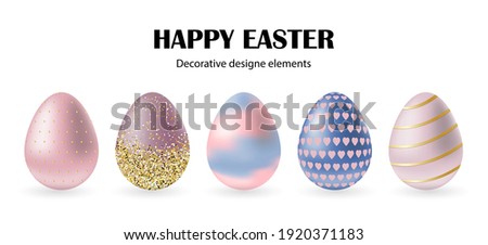 Happy easter. Set of colored 3d Easter eggs with different textures. Decorative vector design elements isolated on white background.